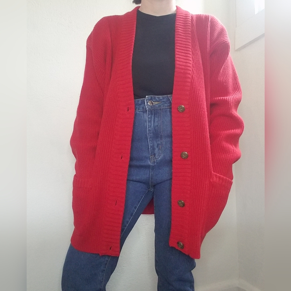 Vintage Cardigan Mid-Length Acrylic Button Front Cardigan Sz Large Red.